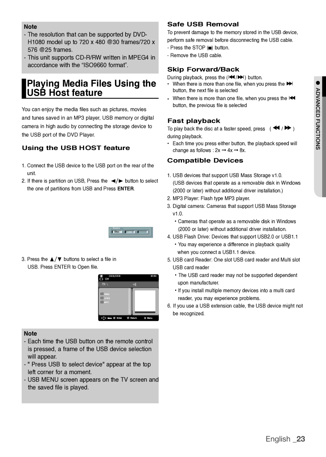 Samsung DVDH1080 Using the USB HOST feature, Safe USB Removal, Skip Forward/Back, Fast playback, Compatible Devices 